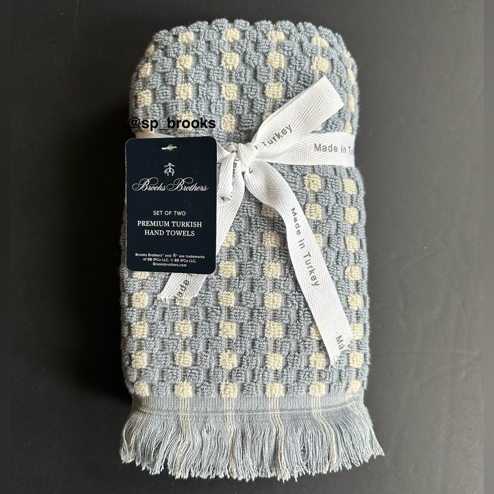 🎁2PC Brooks Brothers Premium Turkish Cotton Hand Towel Set -Waffle Blue & Ivory